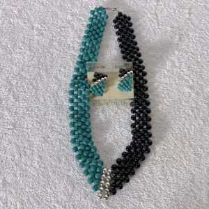 Vintage Teal Black Silver Plastic Beaded Necklace & Clip On Earrings Set